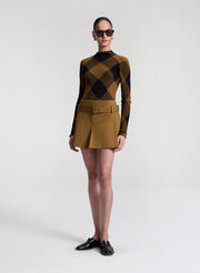 woman wearing plaid print fine gauge voile knit top