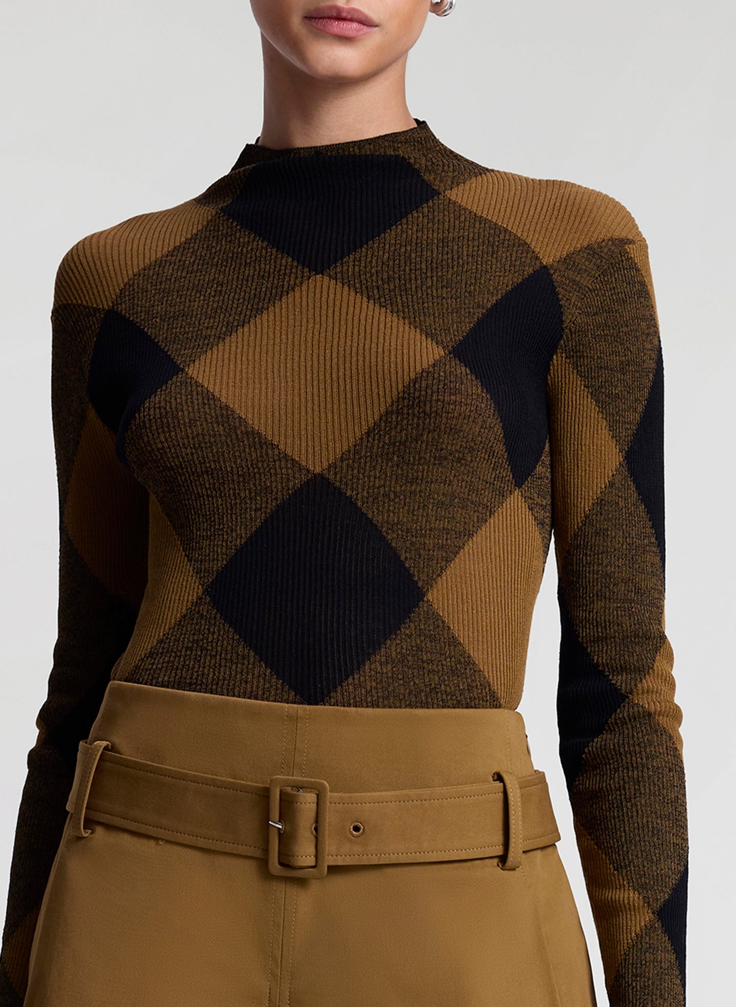 woman wearing plaid print fine gauge voile knit top