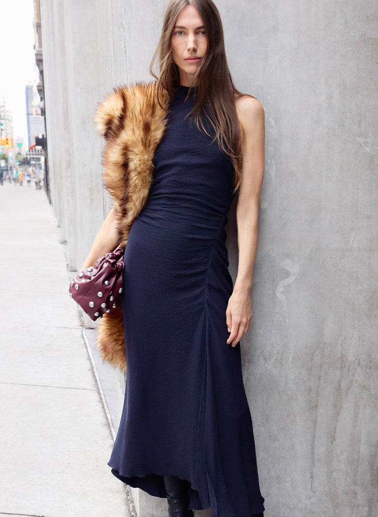 inez neck drawstring satin midi dress