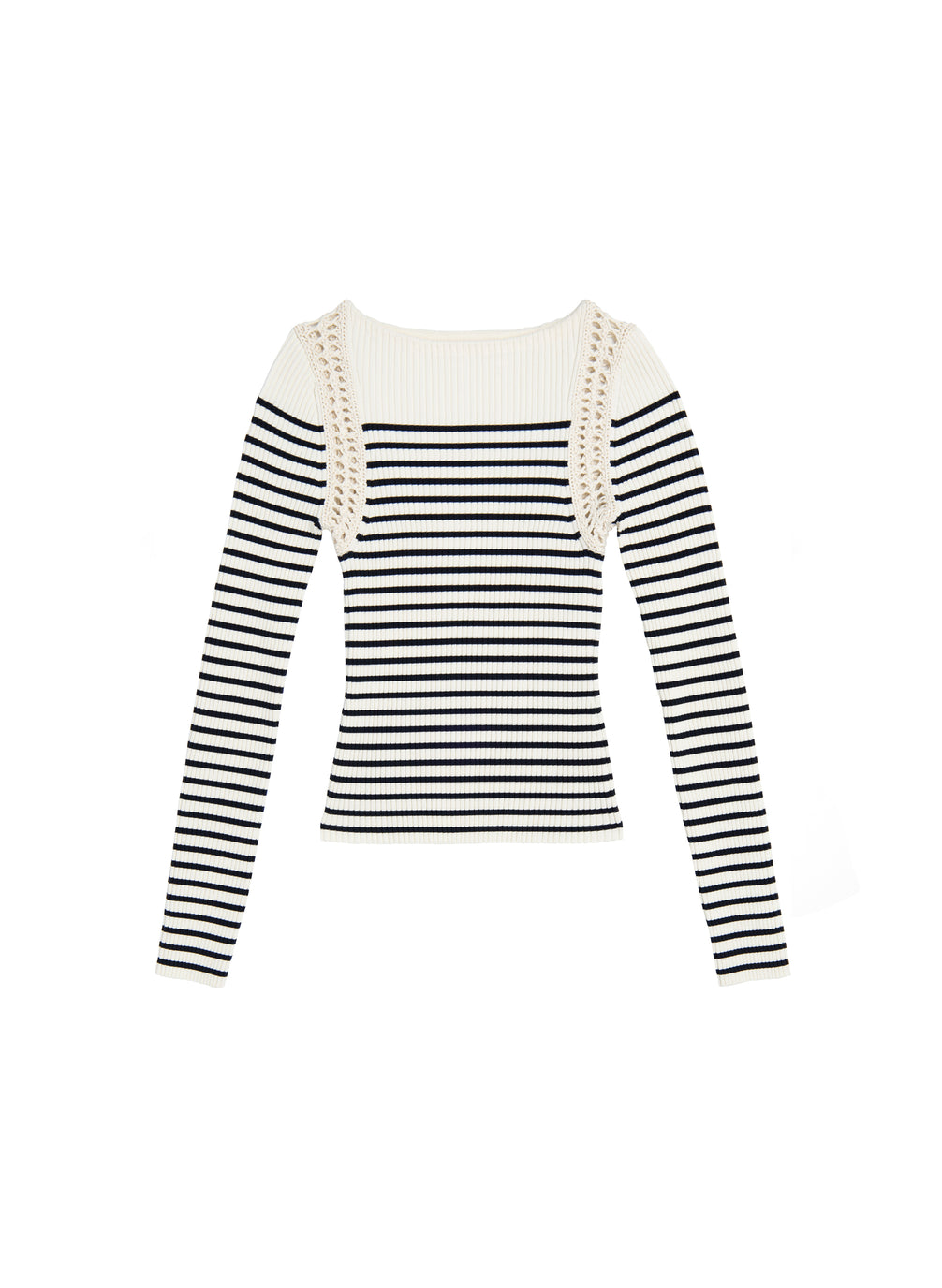 flatlay of white and navy striped top with bell sleeves