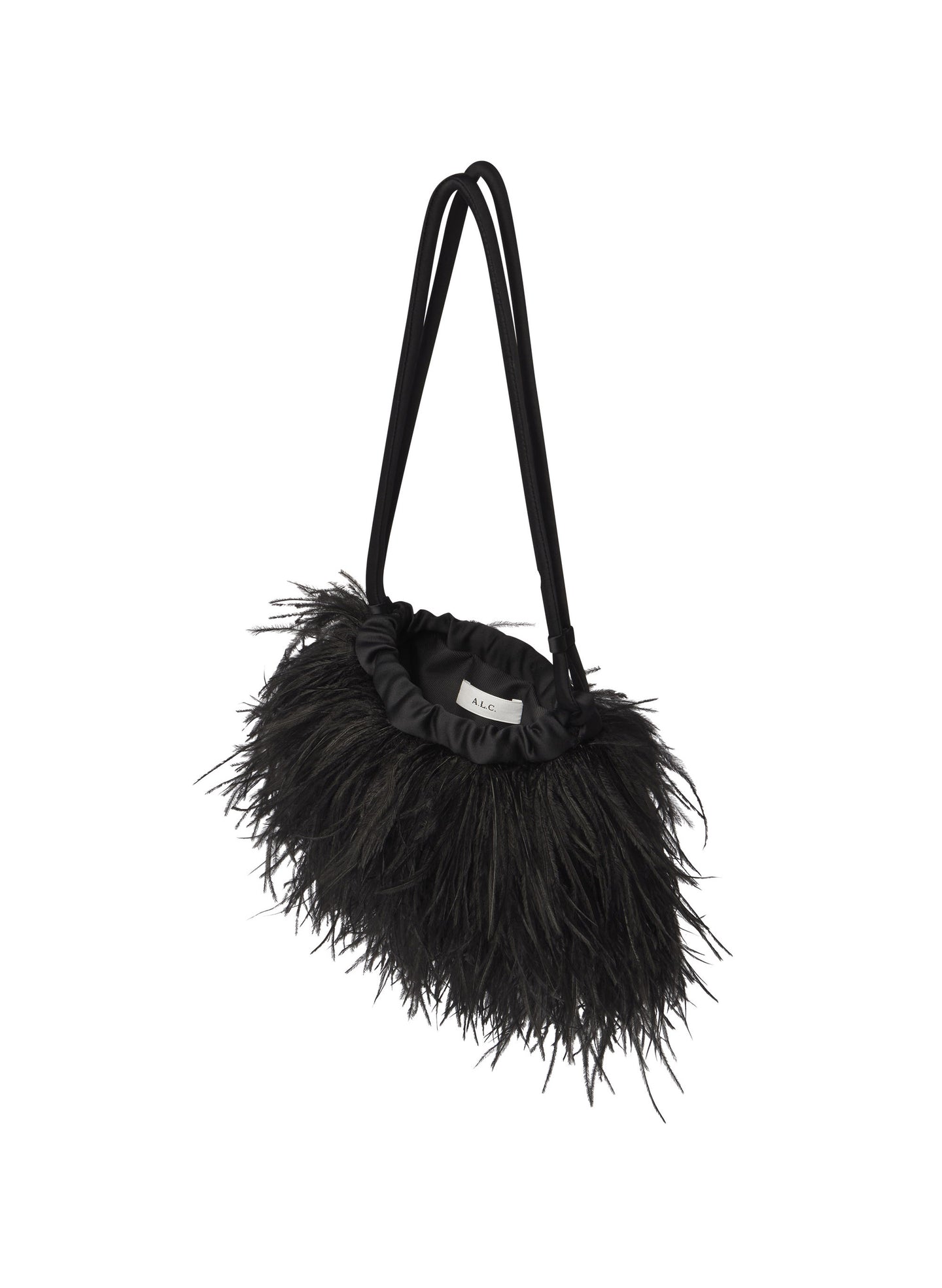 Black feathered handbag on a white background