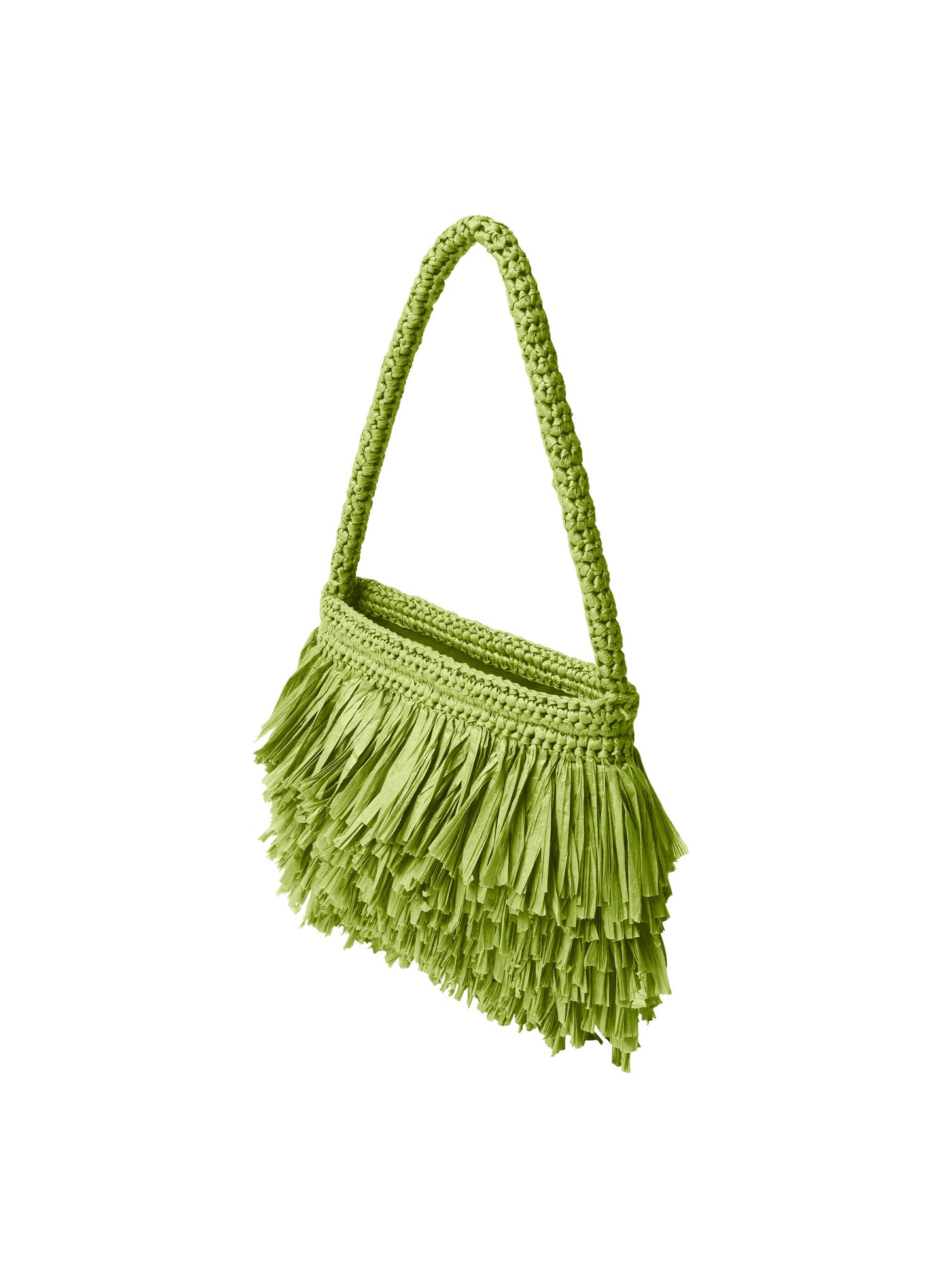 Green woven handbag with fringe details on a white background