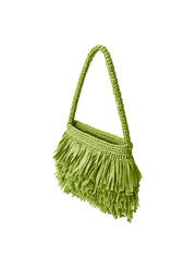 Green woven handbag with fringe details on a white background