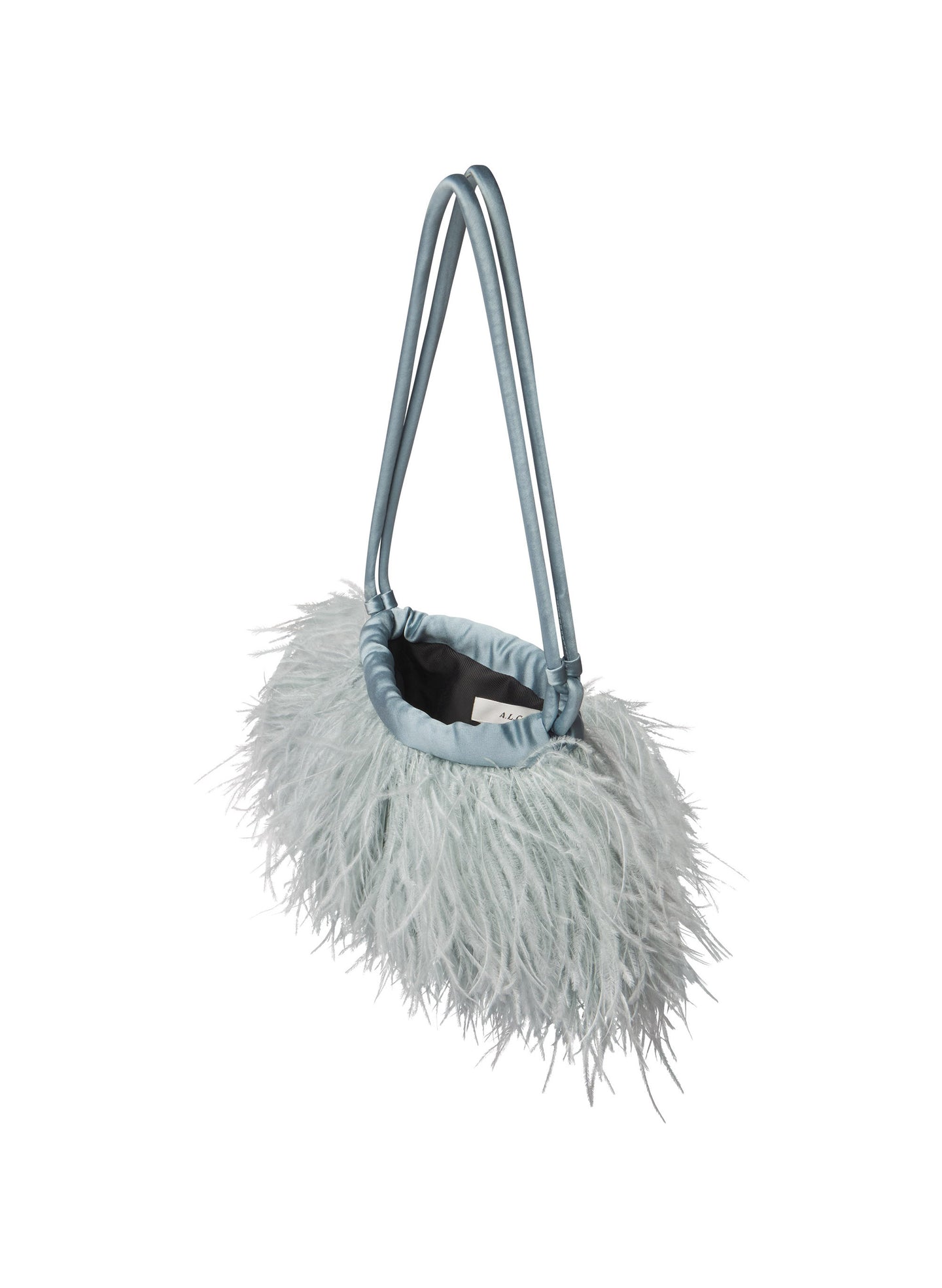 blue feathered handbag on a light gray background