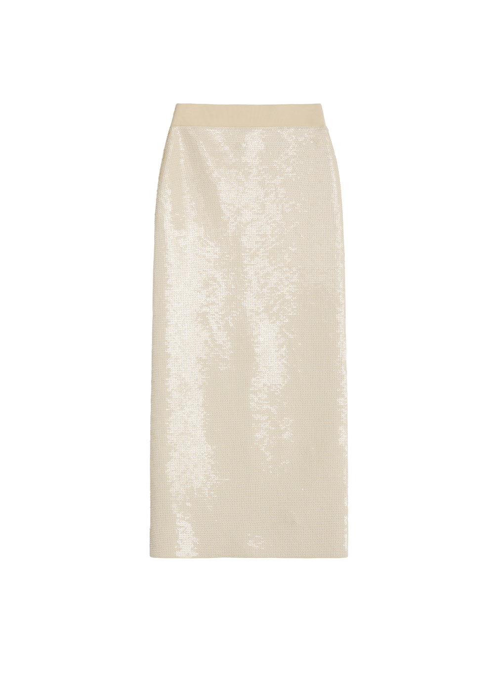 flatlay of cream sequined midi skirt
