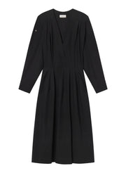 stretch cotton sateen midi dress in black Cotton Sateen Pleated Midi Dress in Black