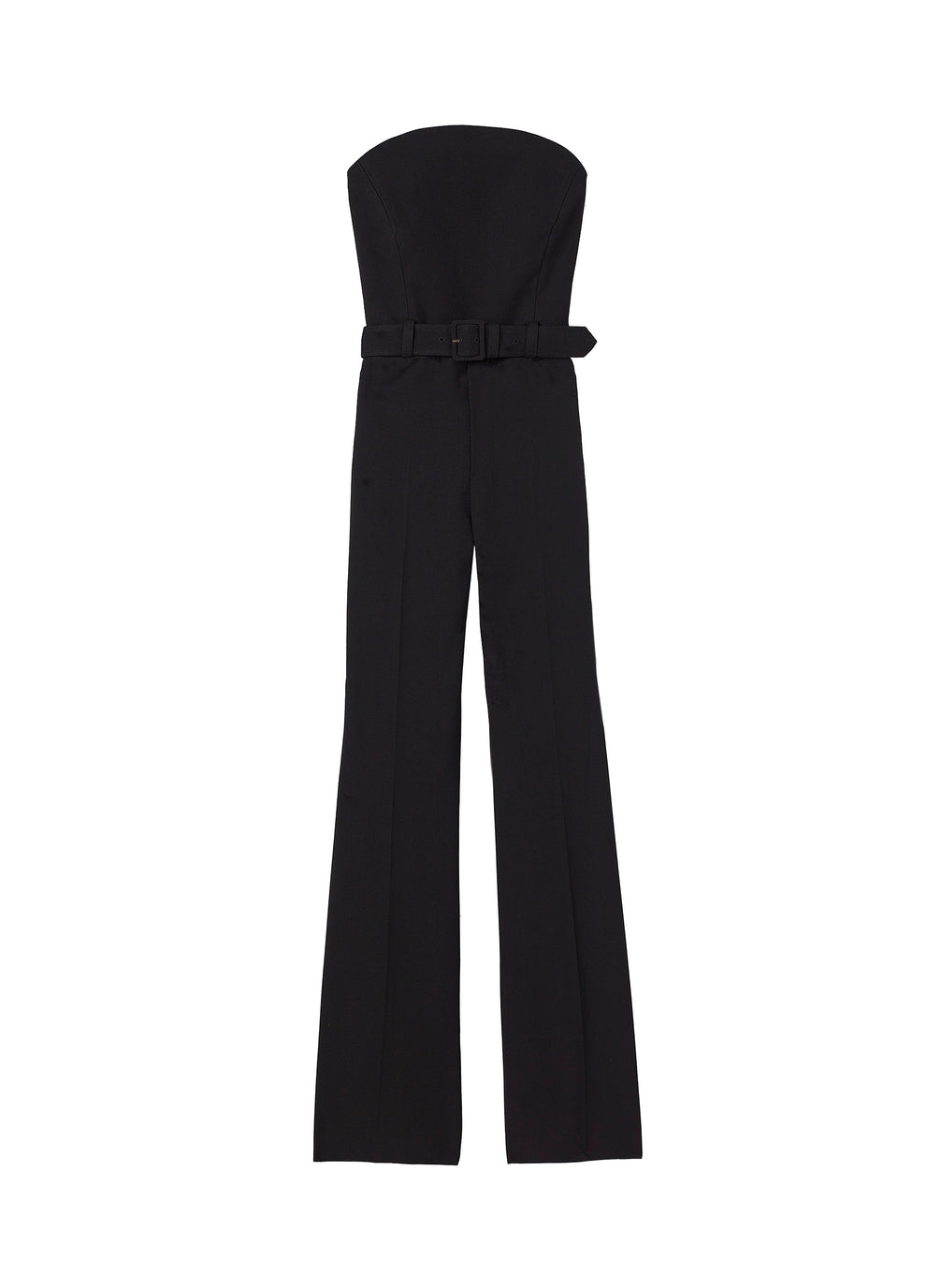 flatlay of black strapless jumpsuit