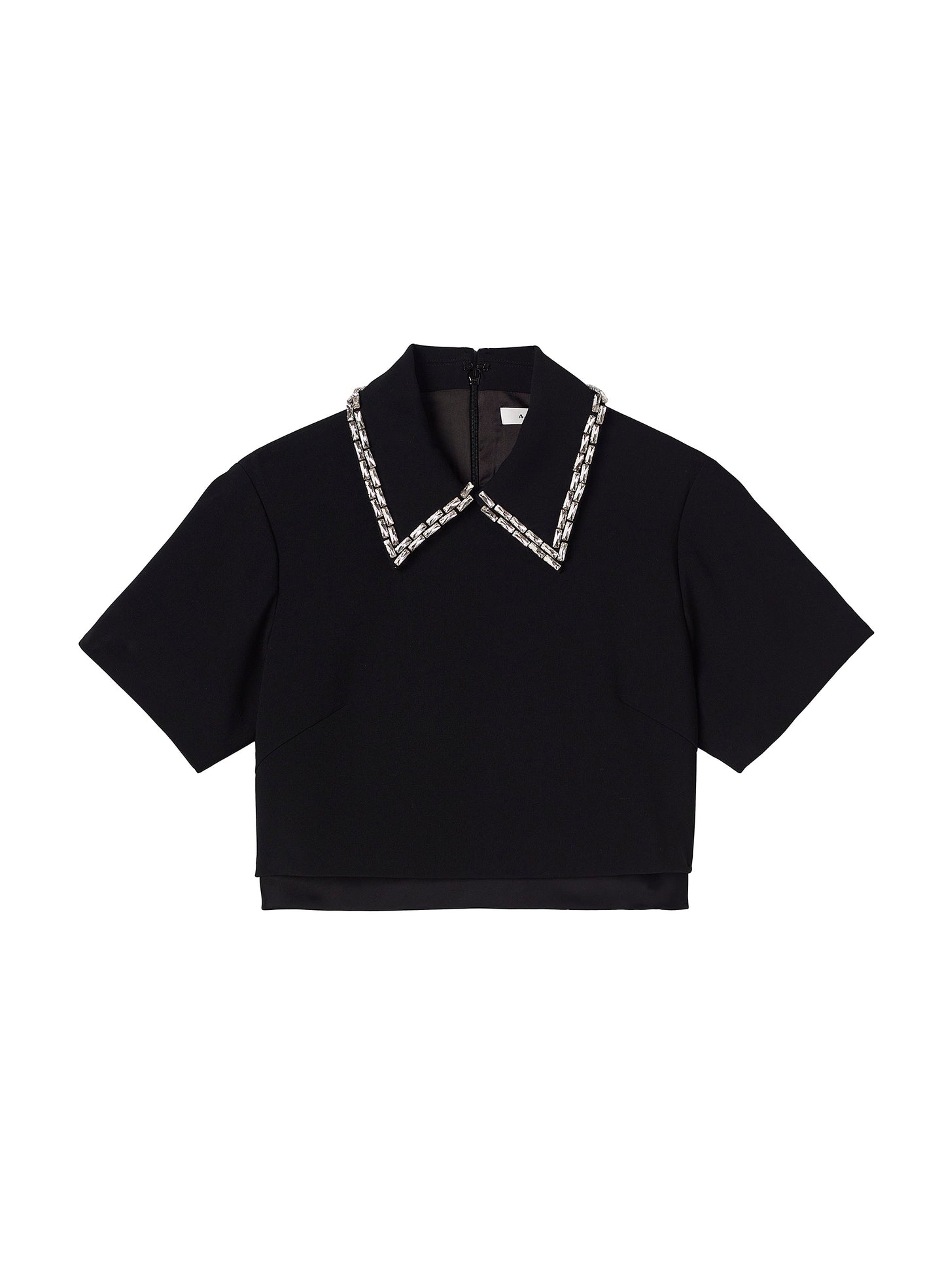 flatlay of black short sleeve collared top with crystal detailing 