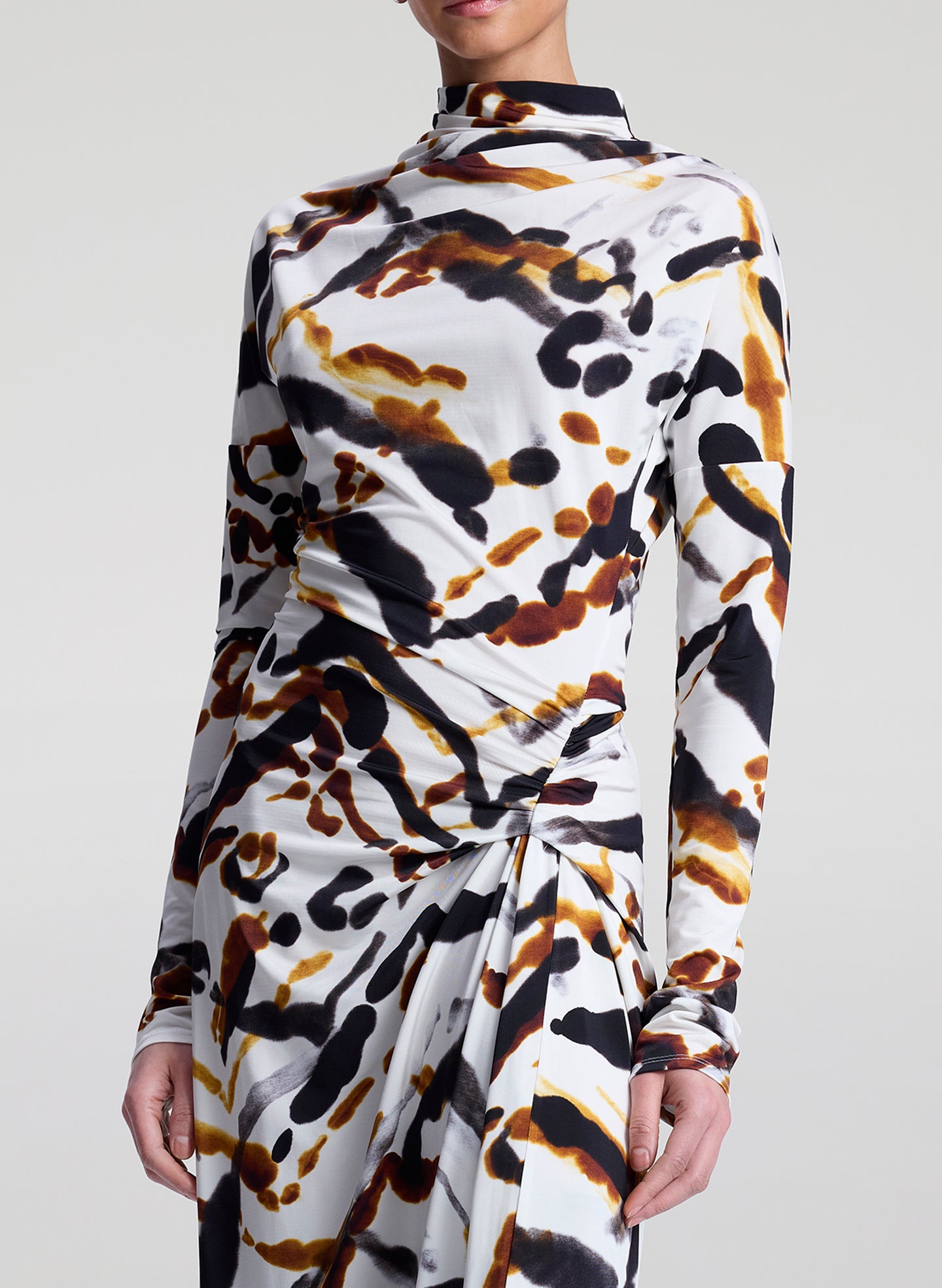 A.L.C. Women's Lia Draped Jersey Printed Maxi Dress Black Camel A.L.C. Women's Lia Draped Jersey Printed Maxi Dress Black Camel