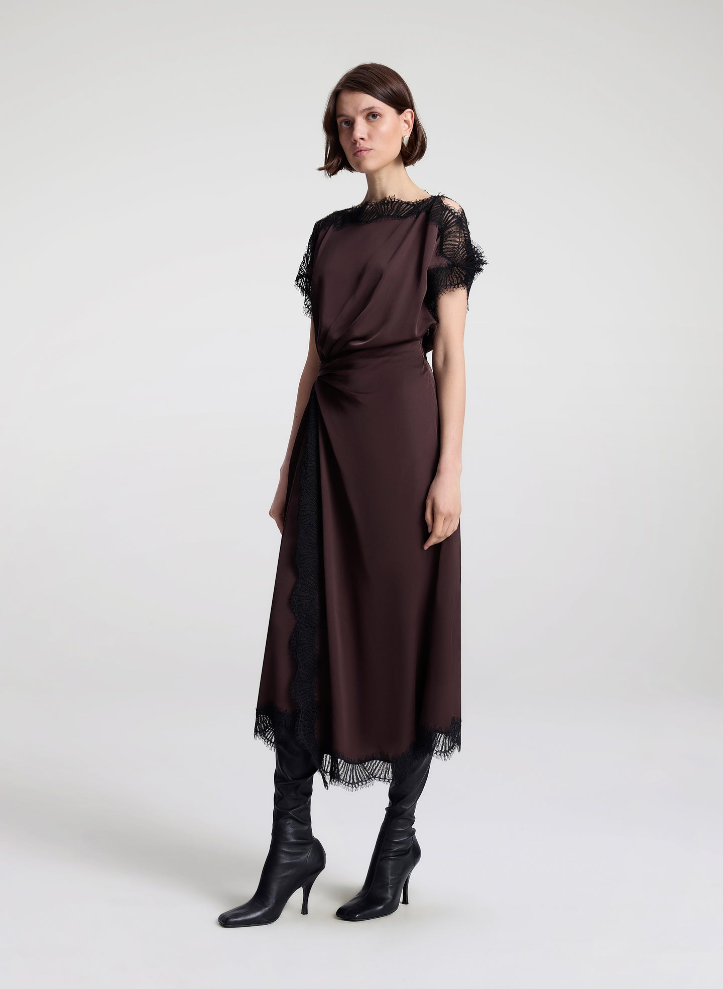 A.L.C. Women's Luna Satin and Lace Midi Dress Cocoa/Black A.L.C. Women's Luna Satin and Lace Midi Dress Cocoa/Black