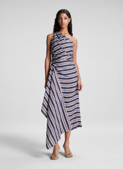 woman wearing navy blue striped midi dress