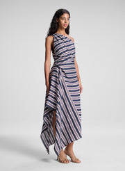 woman wearing navy blue striped midi dress