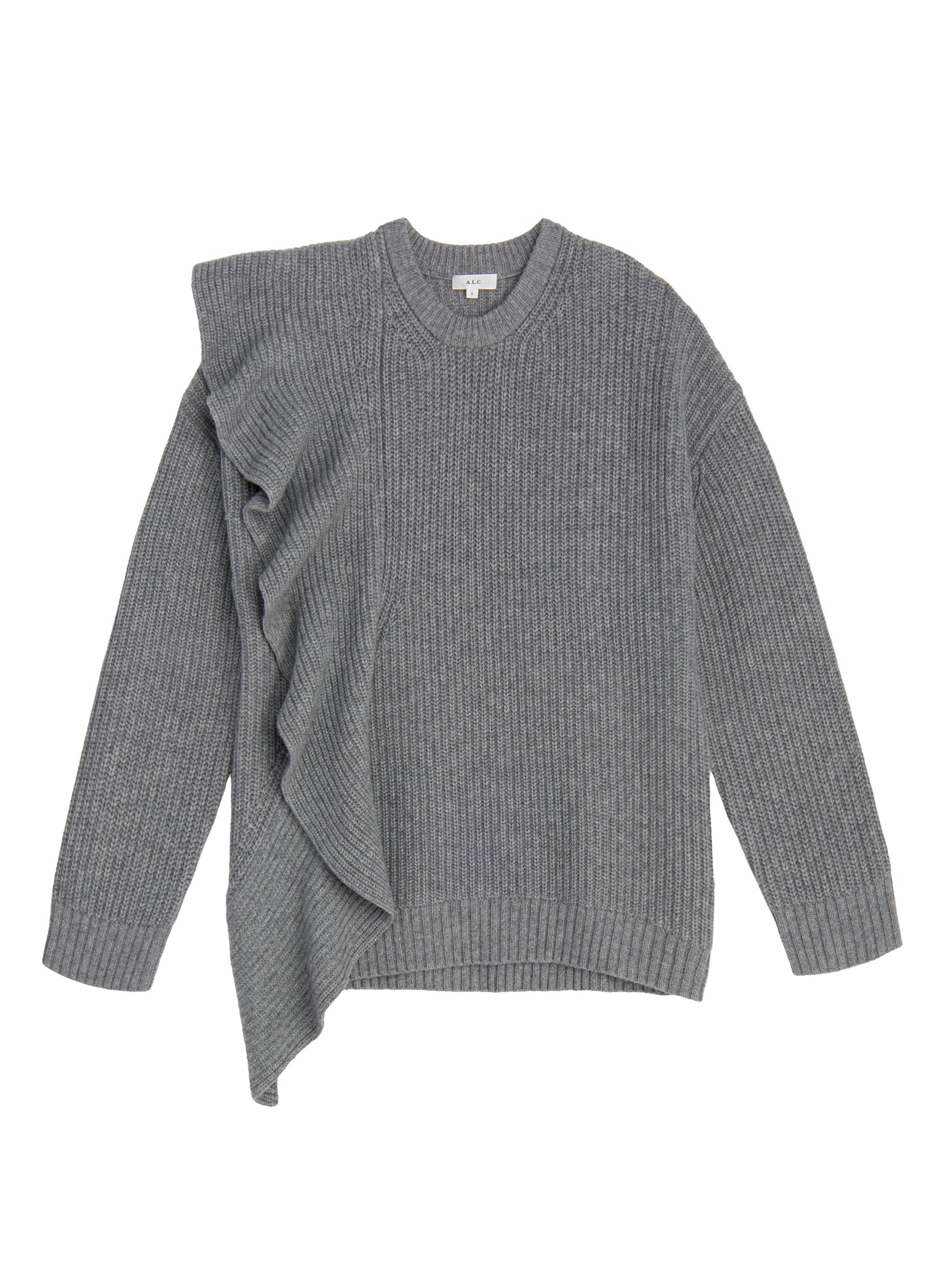 flatlay of grey sweater with ruffle
