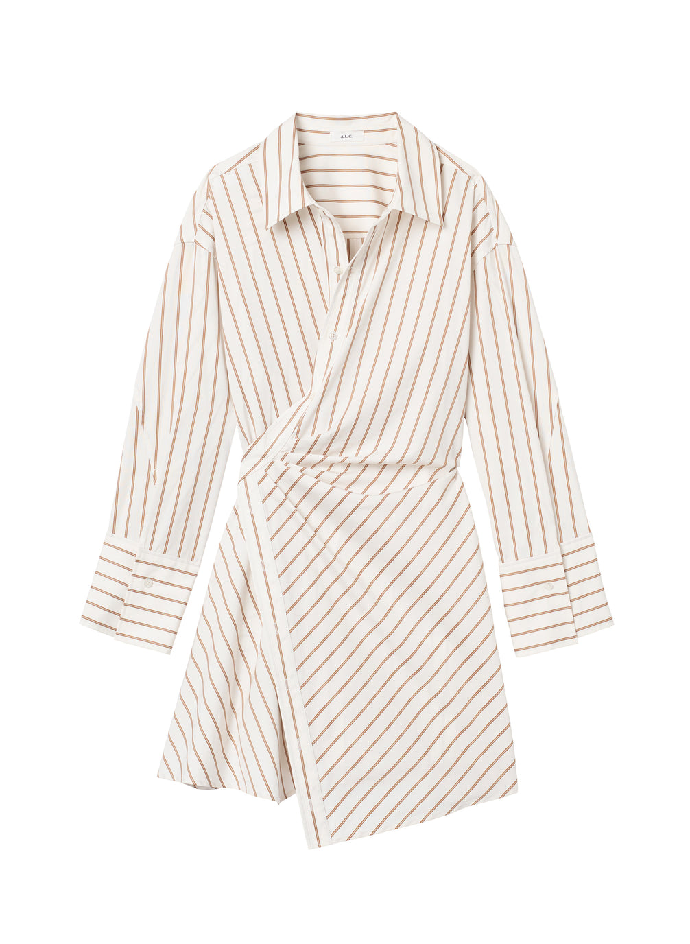 flatlay of cream and brown striped shirtdress