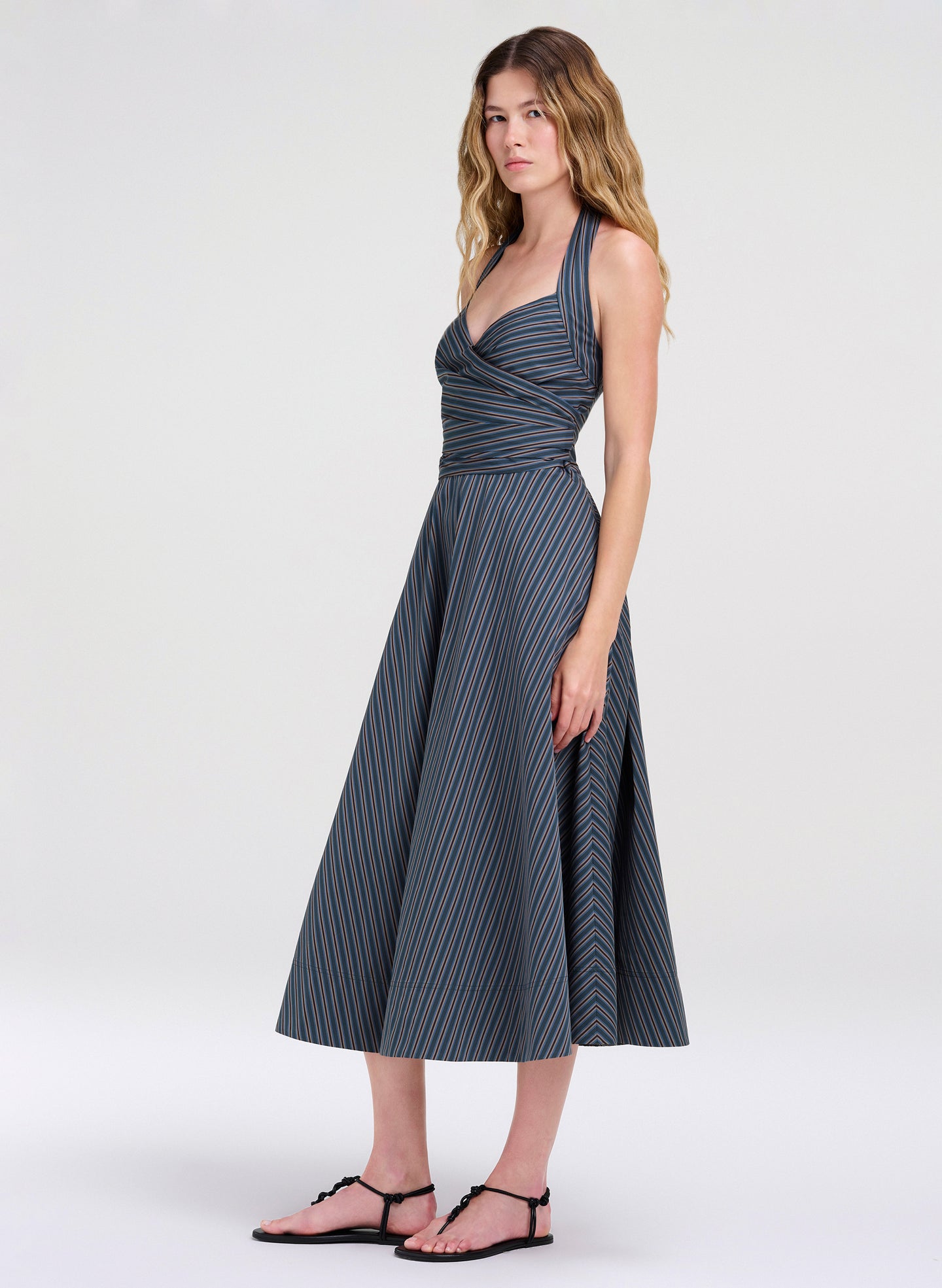 A.L.C. Magnolia Stripe Halter Midi Dress, Carbon Blue, Women's, 14