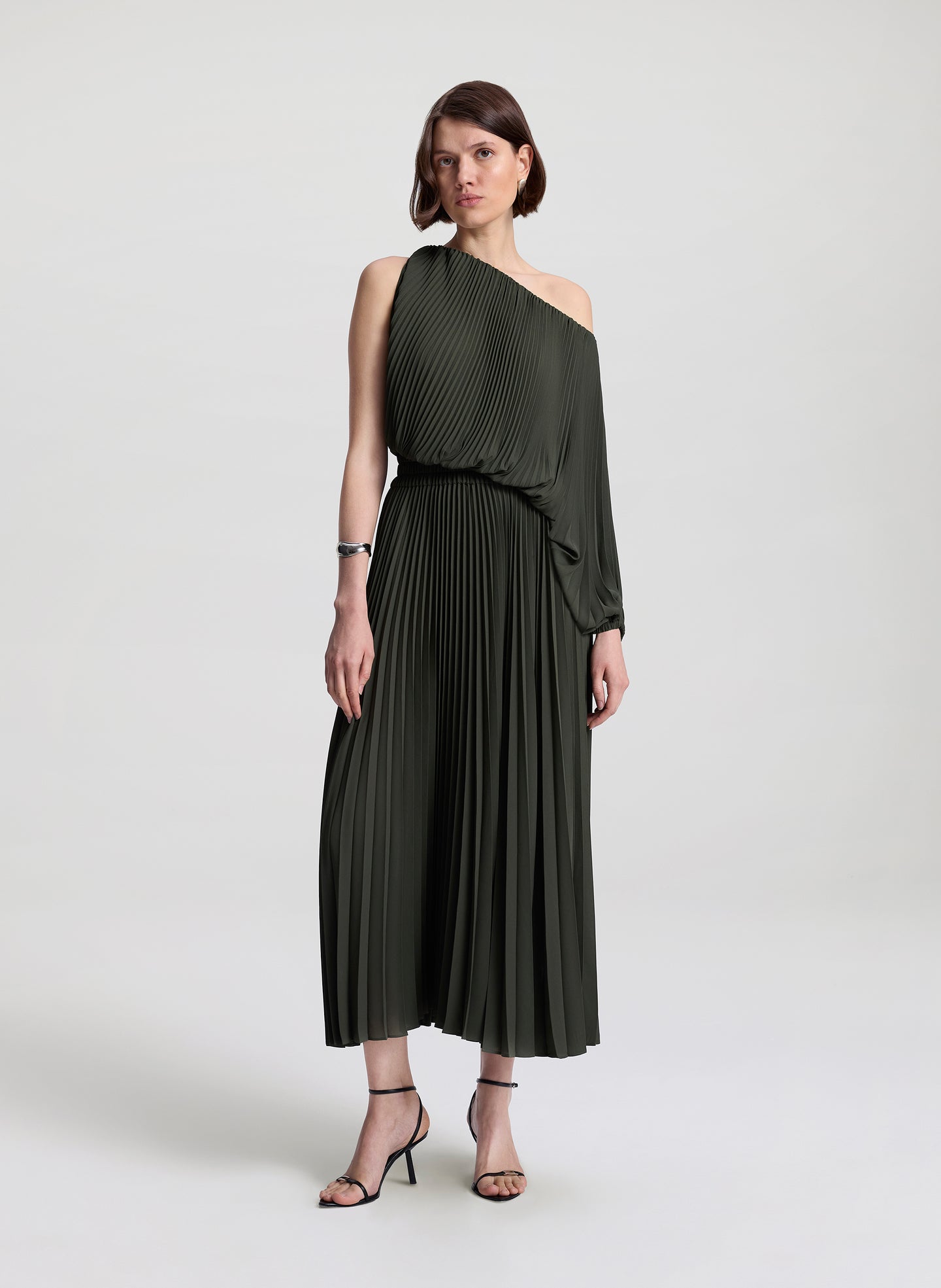 A.L.C. Women's Mara Georgette Pleated Midi Dress in Military, Size L A.L.C. Women's Mara Georgette Pleated Midi Dress in Military, Size L