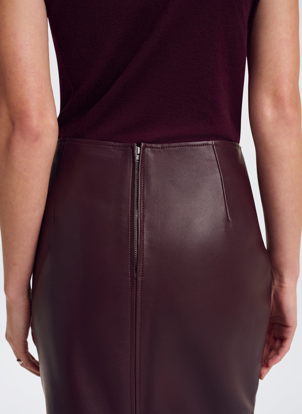 burgundy leather midi skirt