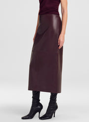 burgundy leather midi skirt on model