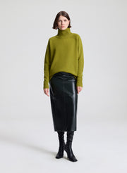 Woman wearing a green sweater and dark green leather skirt on a white background