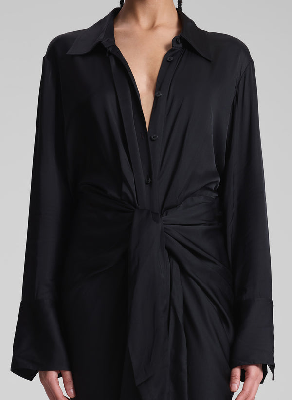 woman wearing black maxi shirt dress