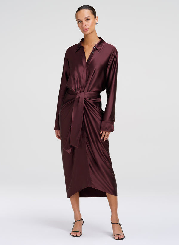 woman wearing silk midi shirt dress in burgundy