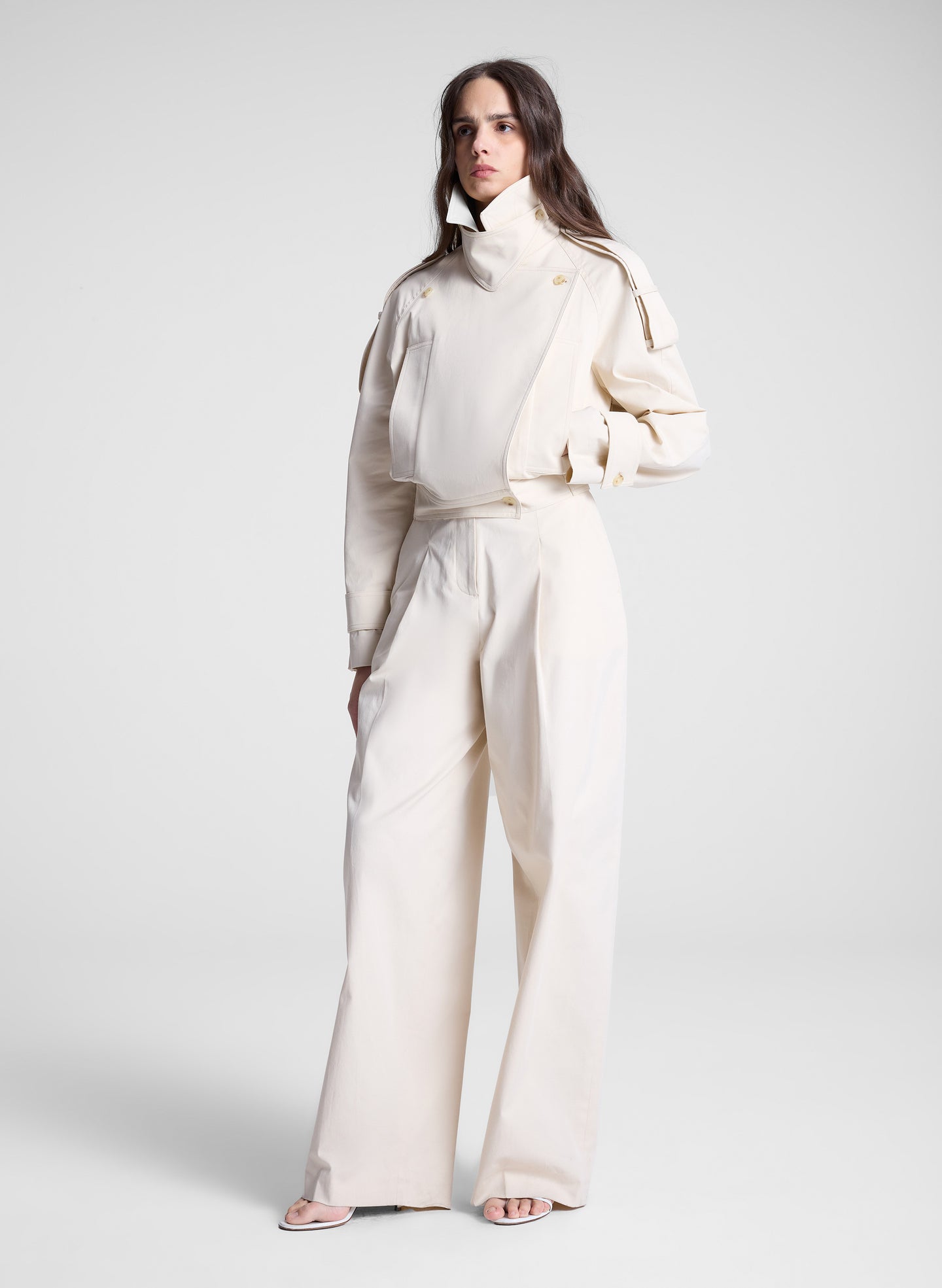 woman wearing beige pant and jacket set