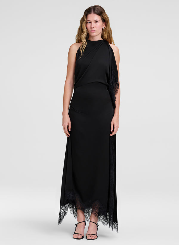 woman wearing black satin and lace maxi dress
