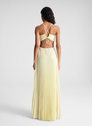 woman wearing light yellow maxi dress