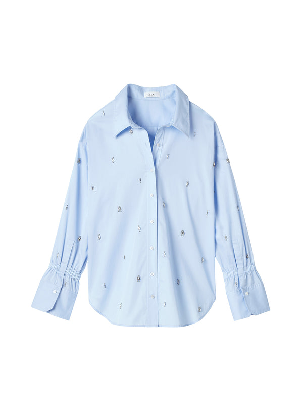 swatch of light blue embellished oversized button down shirt