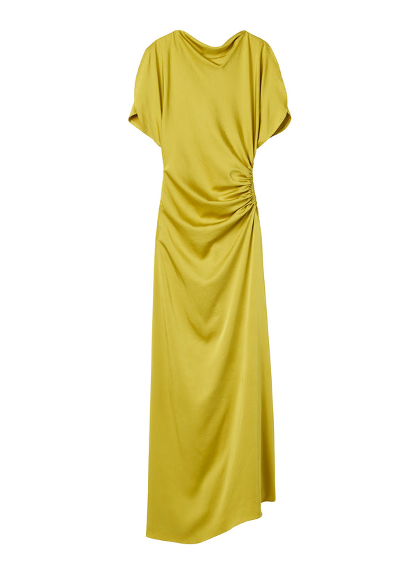 flatlay of yellow satin short sleeve gown