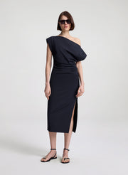 woman wearing black off shoulder midi dress