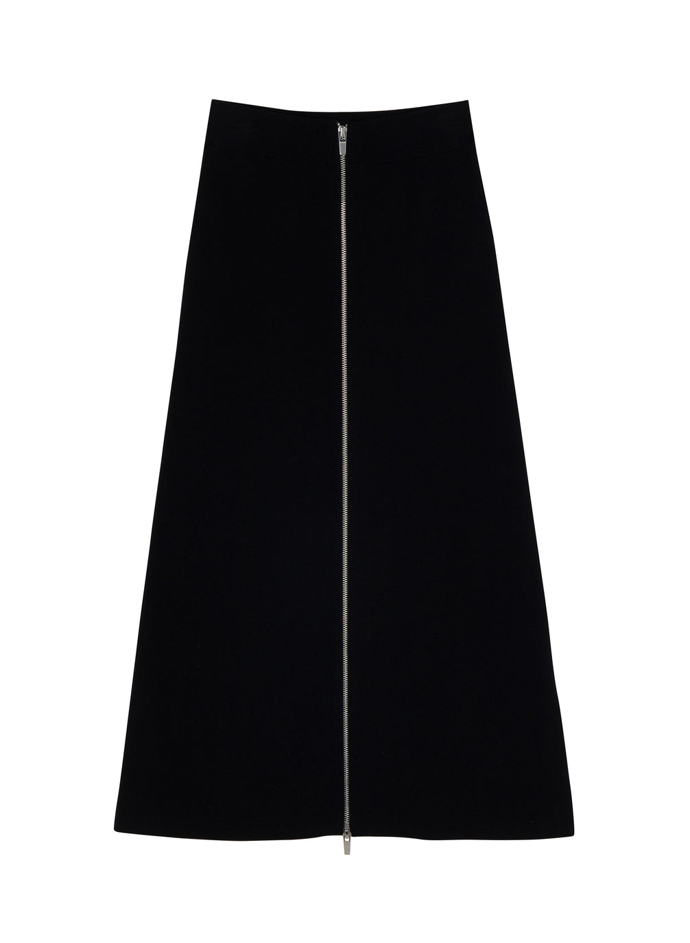 flatlay of black midi skirt with contrast zipper