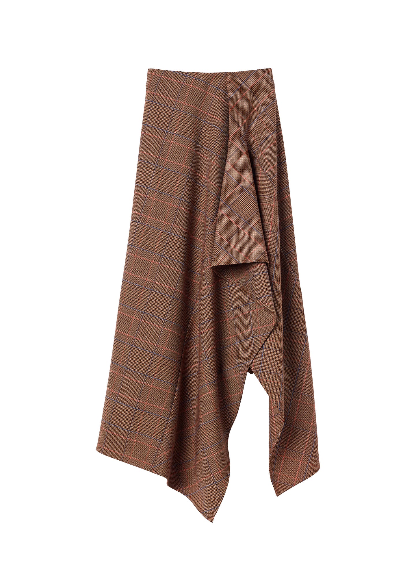 flatlay of brown plaid asymmetric midi skirt