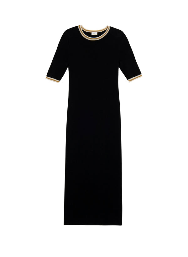 flatlay of black short sleeve midi dress
