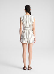 woman wearing striped vest and matching shorts