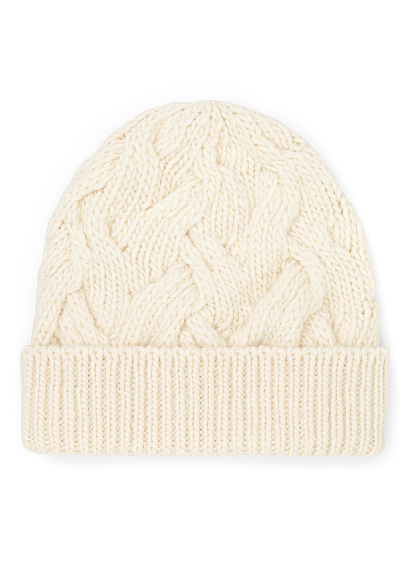 flat lay view of woman wearing cream cable knit beanie