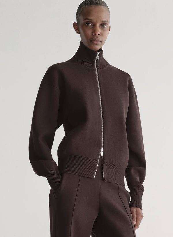 woman wearing brown zip cardigan and matching pants