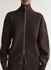 woman wearing brown zip cardigan and matching pants