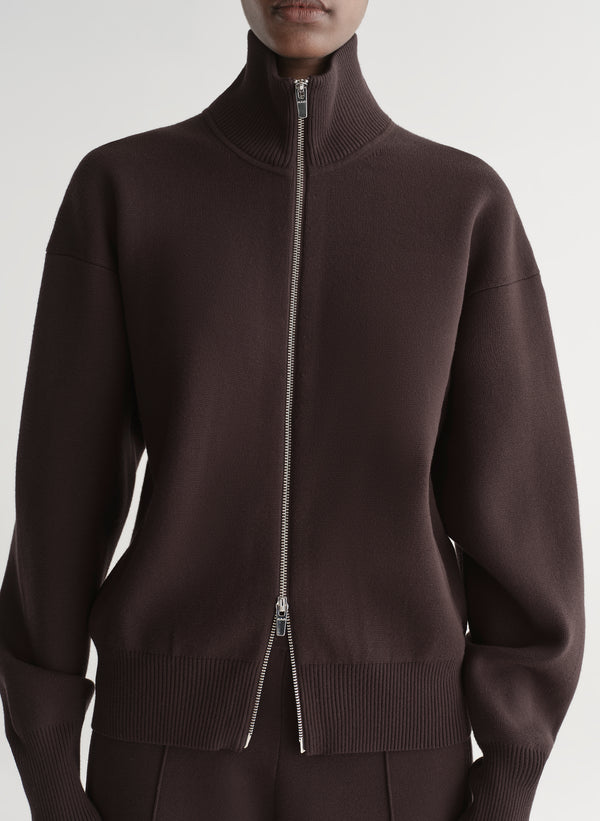 woman wearing brown zip cardigan and matching pants