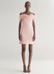 Woman wearing a light pink dress with feather details on a white background