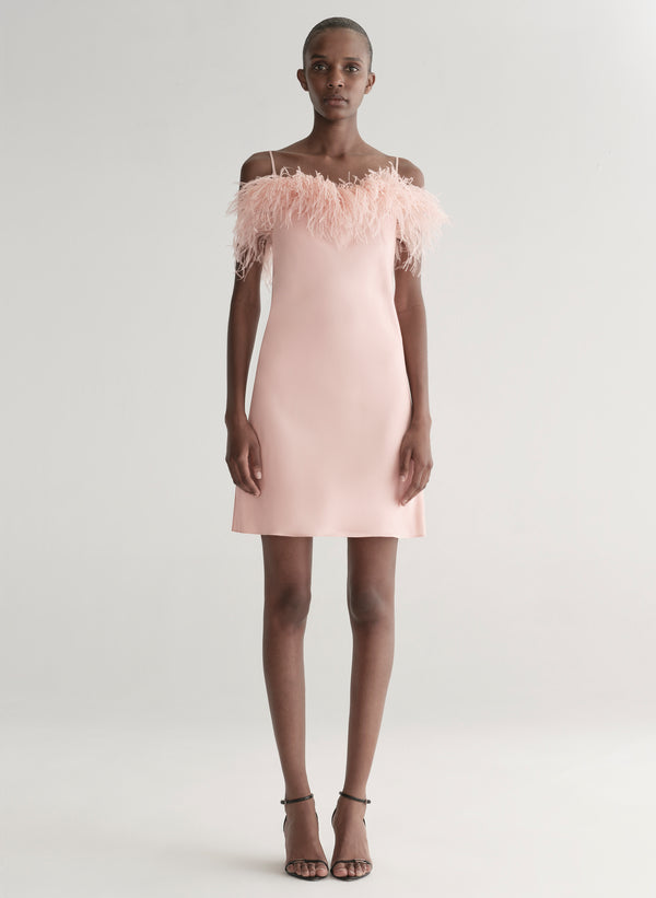Woman wearing a light pink dress with feather details on a white background
