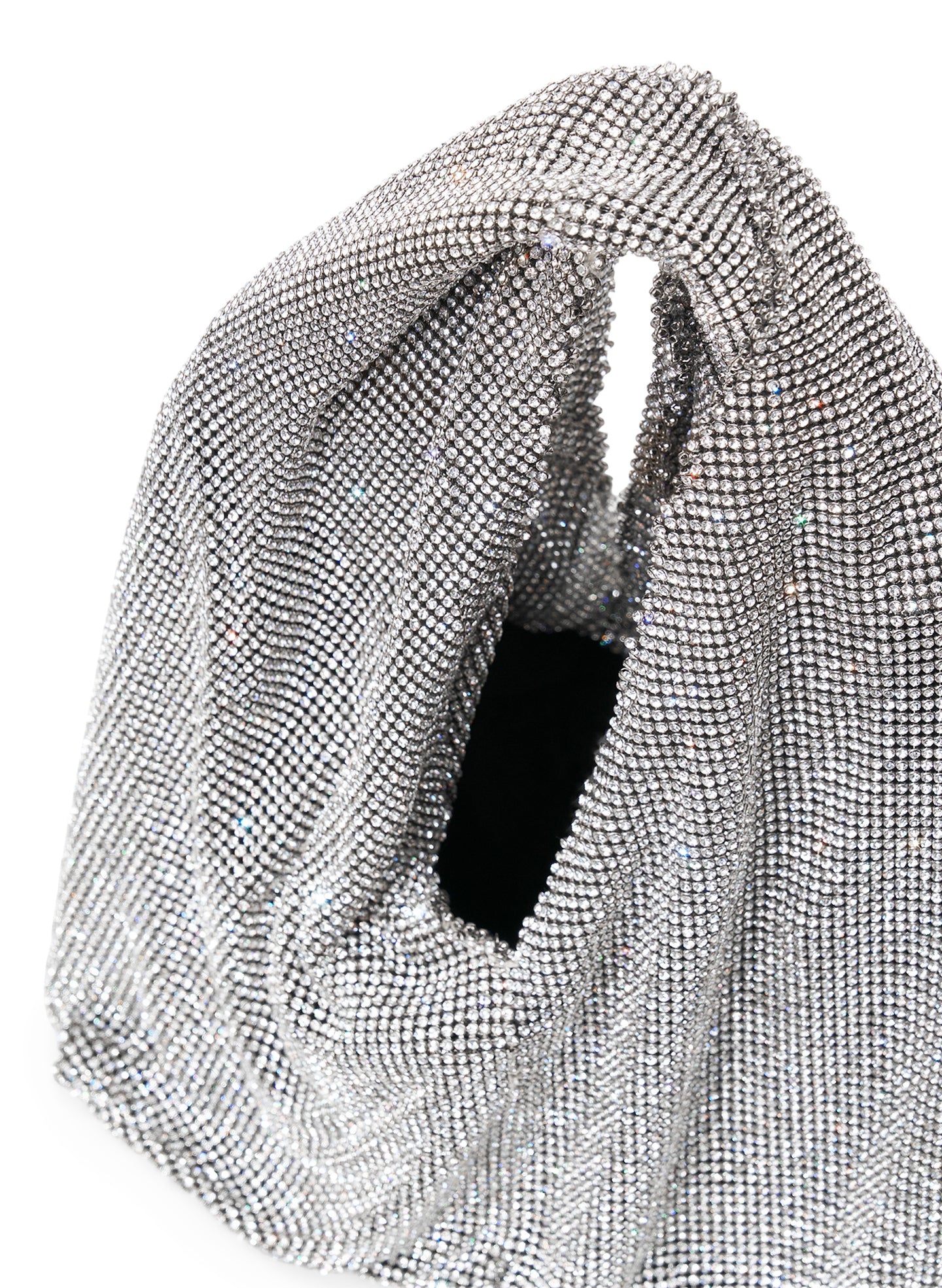 detail view of silver crystal embellished short length top handle bag with small sized rectangular base
