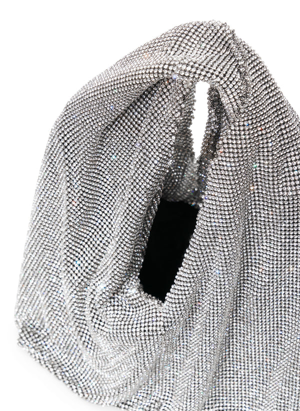 detail view of silver crystal embellished short length top handle bag with small sized rectangular base