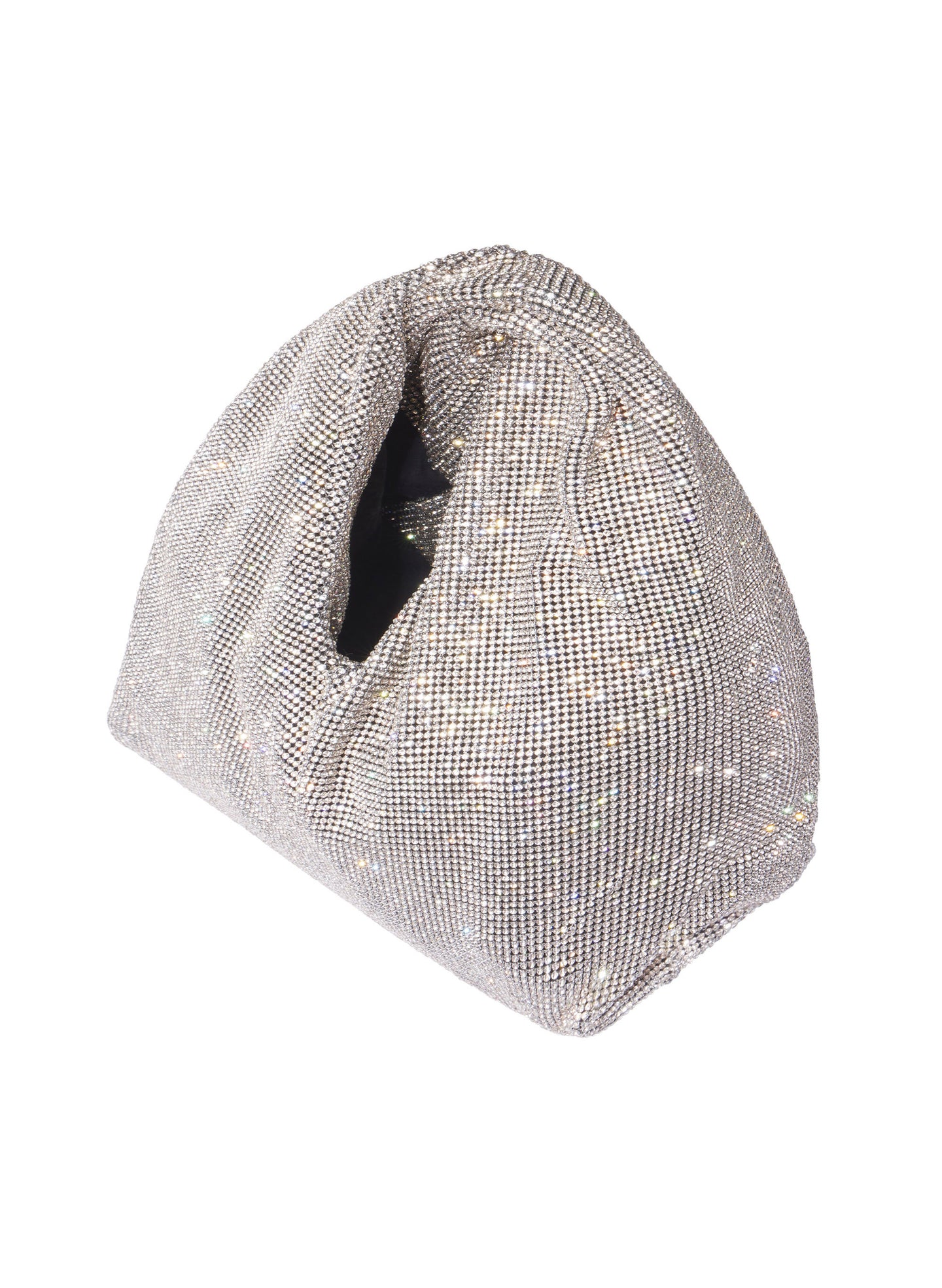 Silver mesh clutch bag on a white background