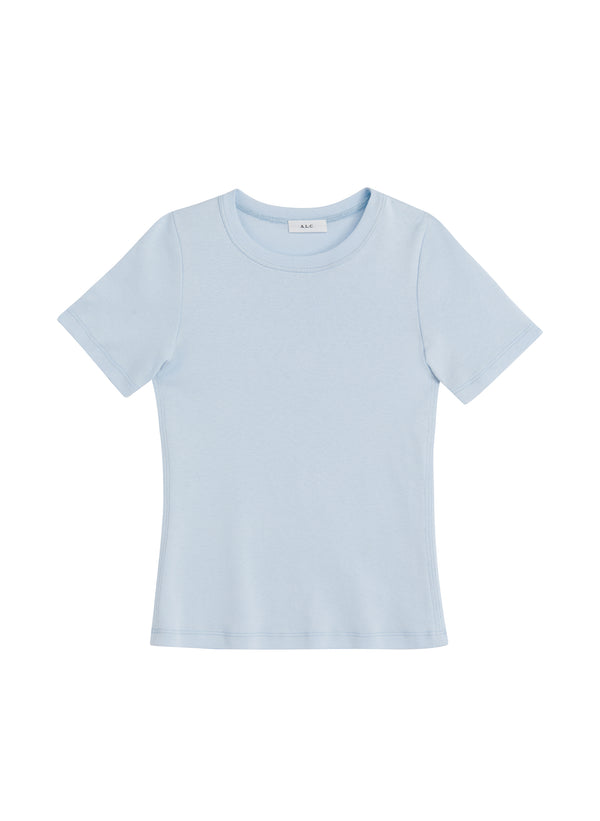 flatlay of light blue tshirt