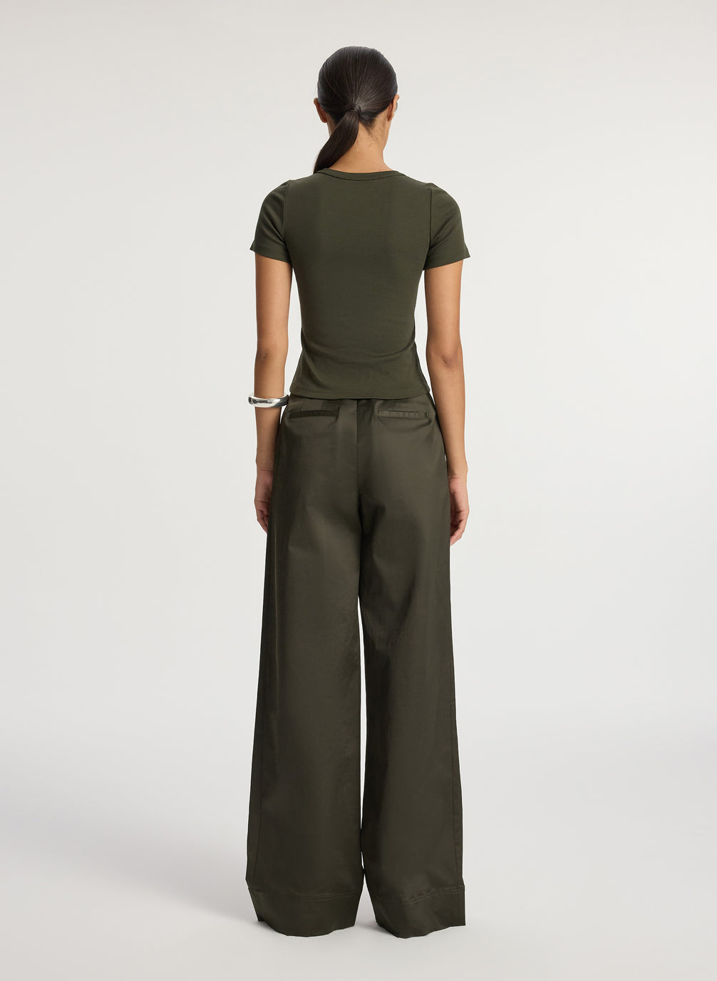 back  view of woman wearing olive green tshirt and olive green wide leg pants