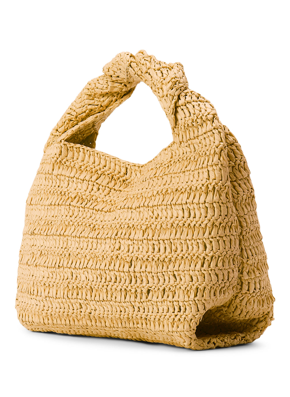 flat lay view of light tan raffia short length top handle bag with small sized rectangular base