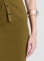 woman wearing brown short sleeve knit top and matching knit midi skirt