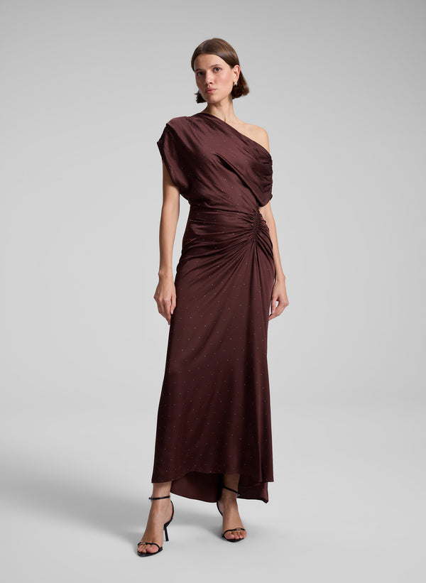 woman wearing brown satin embellished dress