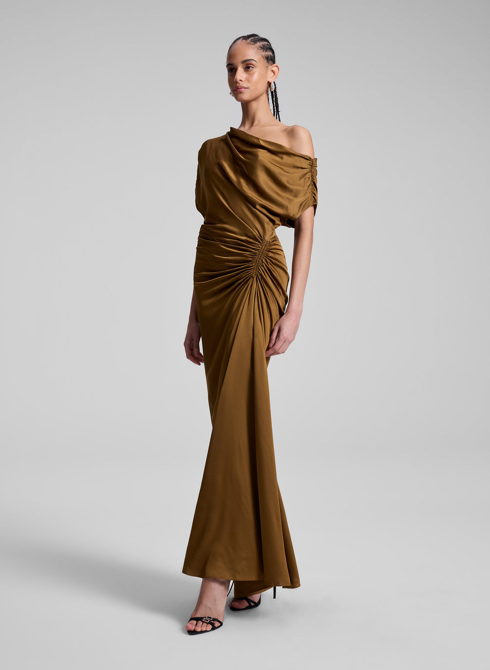 woman wearing brown maxi dress